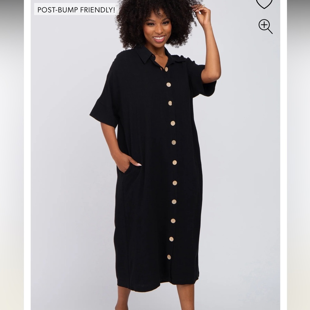 Black Oversized Button Down Maternity Midi Dress - image 2